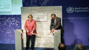 Angela Merkel and Tedros Adhanom Ghebreyesus opening the WHO hub